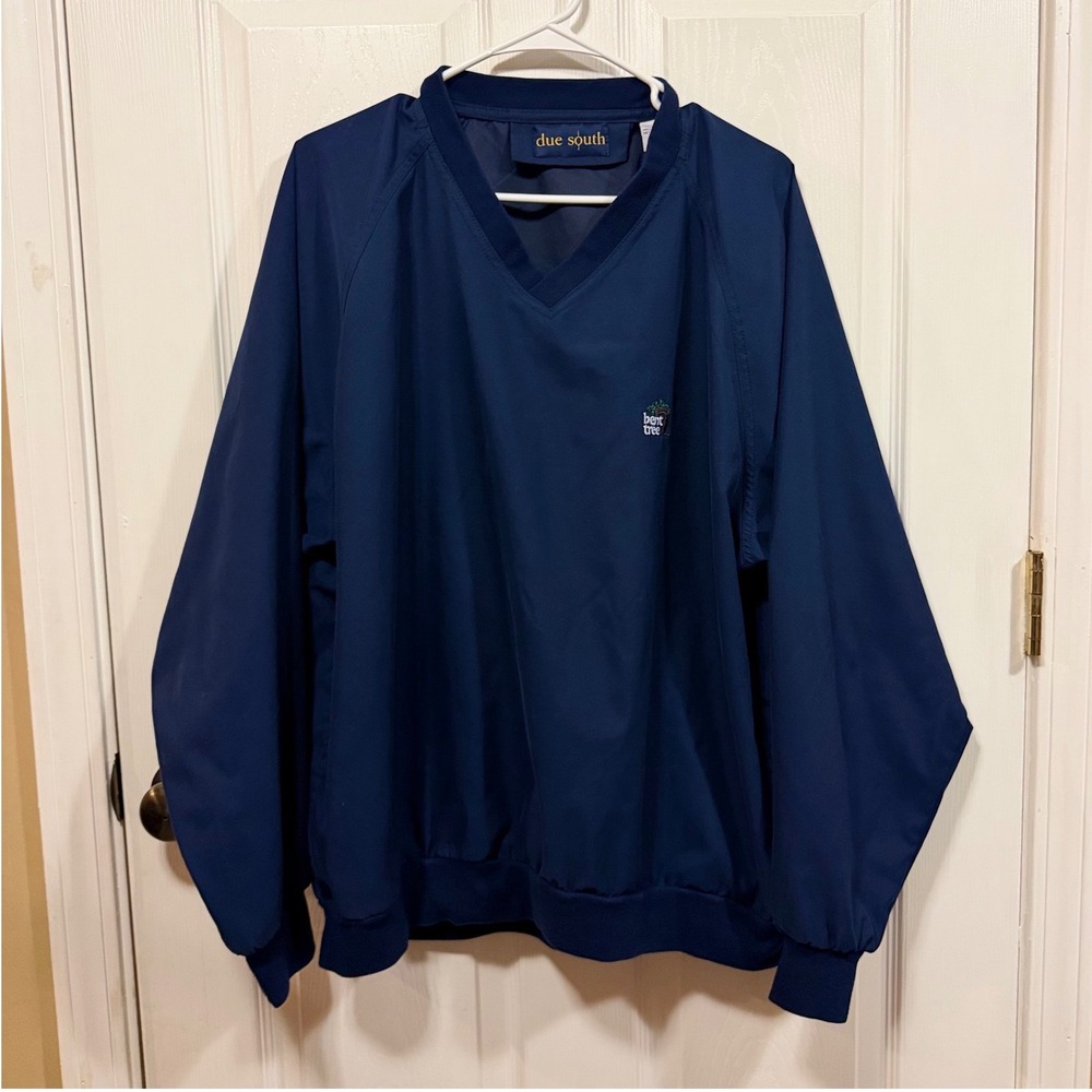 Due South Mens Navy Blue V-Neck Windbreaker Pullover Bent Tree Golf Logo Large